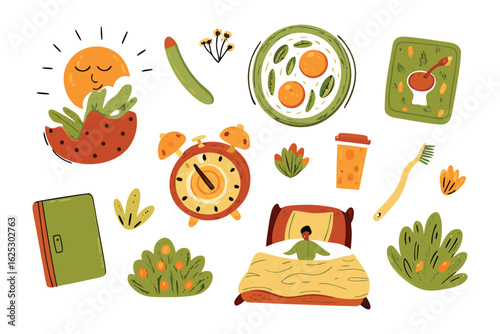 Morning Routine Elements Illustration: A charming illustration showcases the essence of a morning routine, featuring various elements such as breakfast, a sunrise with a smiling face, alarm clock.
