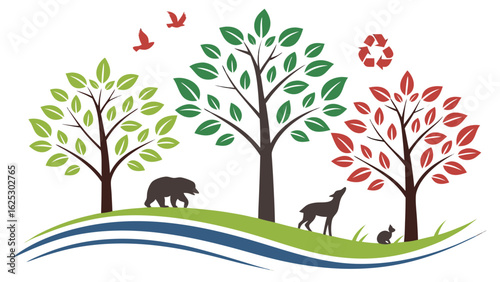 Enchanting forest landscape with wildlife, trees, and recycling symbol promotes nature conservation and environmental awareness