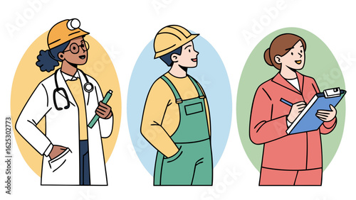 Essential workers doctor engineer inspector in modern flat vector, diverse professionals for business, construction and healthcare needs