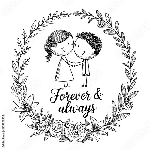 Eternal Embrace: An illustrated depiction of a loving couple, united within an elegant floral wreath, whispering promises of Forever & Always