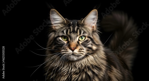 A majestic maine coon cat with piercing green eyes against a stark black studio background portrait view