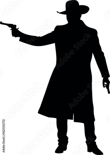 Silhouette of a cowboy holding a revolver ready for action