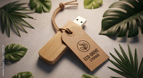 A wooden eco drive storage with tag surrounded by tropical leaves on a light grey surface