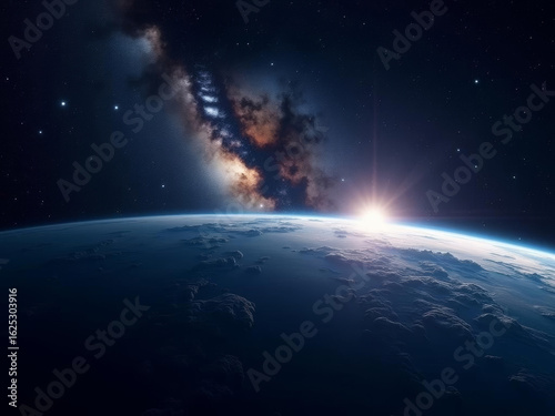 Lever de soleil sur la Terre avec la Voie lactée illuminant l’horizon du cosmos infini