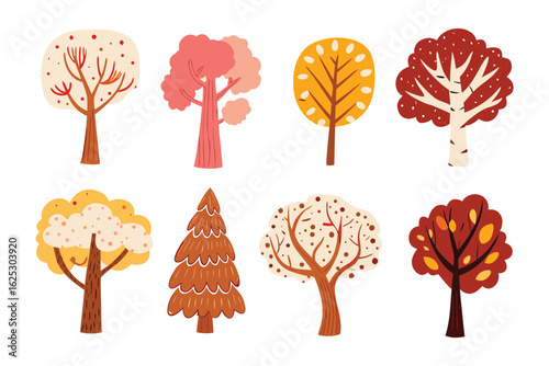 Diverse Autumn Tree Collection: A vibrant collection of stylized trees showcasing a spectrum of autumnal colors, creating a visual celebration of the changing seasons.