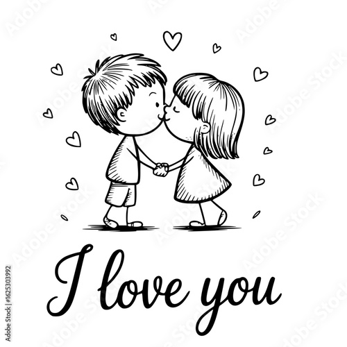 Love's First Kiss: A tender moment of affection captured in a heartwarming illustration. Two young figures share a sweet kiss, surrounded by floating hearts.