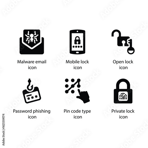 Malware email, Mobile lock, Open lock, Password phishing, Pin code type, Private lock, icon