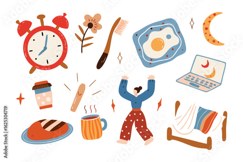 Morning Routine: An illustrated ensemble of everyday essentials—a cheery alarm clock, a cup of coffee, and a breakfast of toast, along with the excited character represents a fresh start.