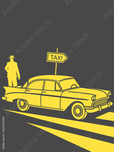 A retro illustration of a vintage yellow taxi and a detective in a noir city scene.