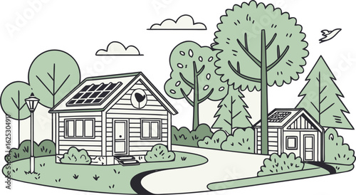 Vector scene of eco-friendly architecture in a green village