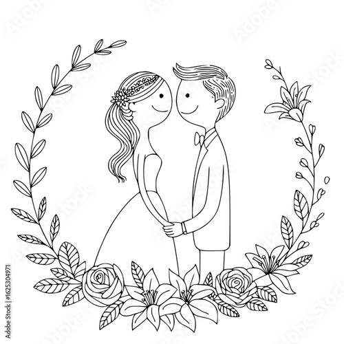 Romantic Union:  A heartwarming illustration of a newly married couple, entwined in love, tenderly framed by delicate floral wreath, symbolizing the sweet beginning of their shared journey.