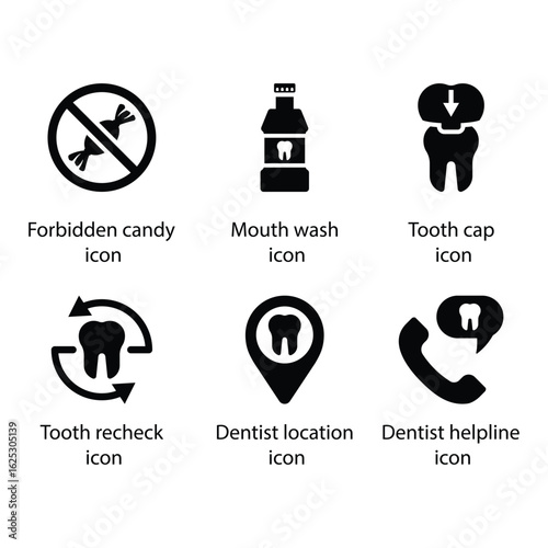 Forbidden candy, Mouth wash, Tooth cap, Tooth recheck, Dentist location, Dentist helpline, icon