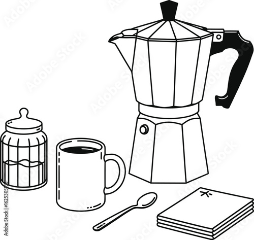 Black and white line drawing of coffee making essentials maker sugar