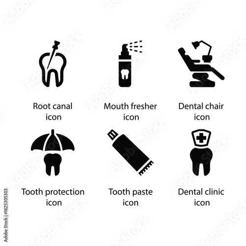Root canal, Mouth fresher, Dental chair, Tooth protection, Tooth paste, Dental clinic, icon