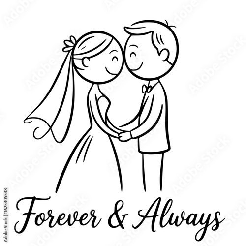 Eternal Union: A heart-warming illustration of a loving couple on their special day, intertwined in a tender embrace. Expressing the enduring promise of Forever & Always.