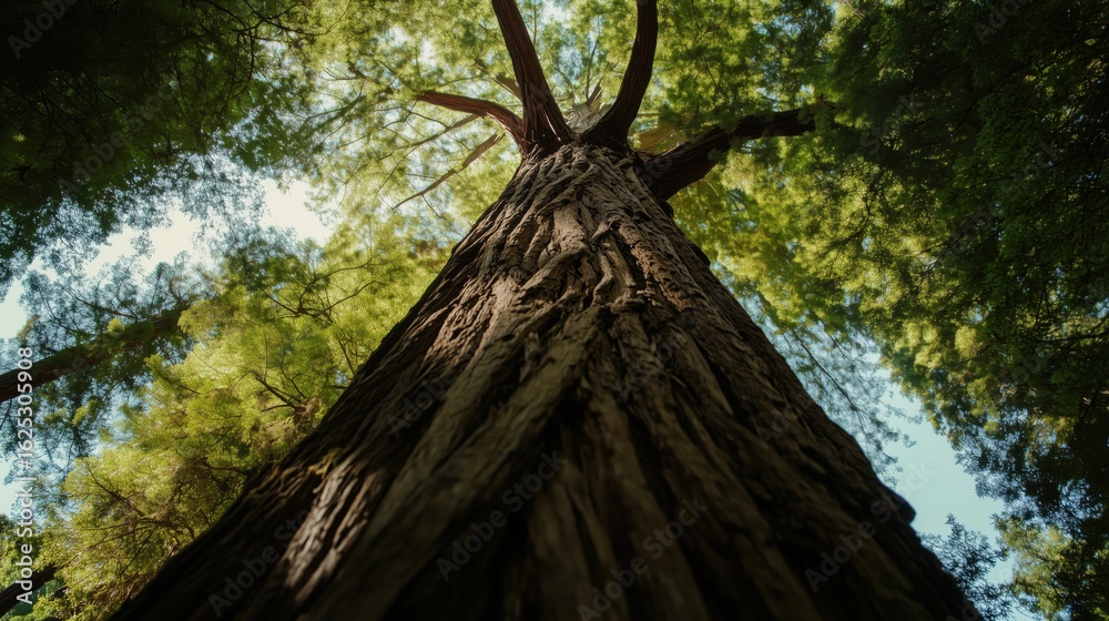 Naklejka premium Low-angle shot of a towering figure with a redwood tree for a head, sky visible through branches