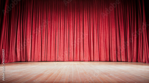 Dramatic closed red velvet theater curtains backdrop an empty wooden stage, creating an atmosphere of anticipation before a grand performance.
