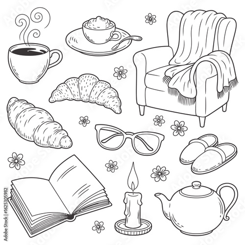 Cozy scene with coffee croissants armchair book candle slippers and teapot saucer spoon