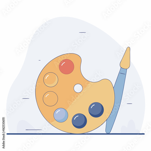 Palette with paint colors and brush in minimalistic style  
