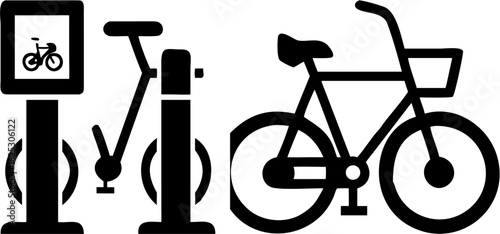 Illustration of a bicycle rental station with a bike sharing system and a parked bicycle shown in black silhouette