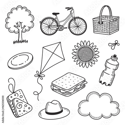 Picnic items including a tree bicycle basket kite sunflower sandwich hat and water bottle vector