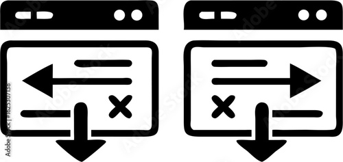 Two windows showing data transfer with arrows and x marks for deletion and download icons below them silhouette