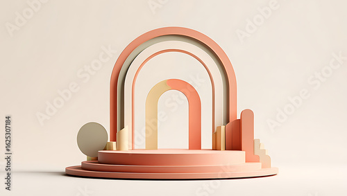 Modern minimalist archway display stand featuring pastel rainbow arches and a circular pedestal for product presentation