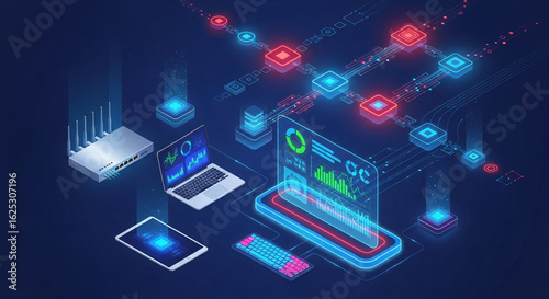 Wallpaper Mural Digital network and data flow illustration with interconnected devices like laptops, tablets, and routers, symbolizing modern technology and information exchange Torontodigital.ca
