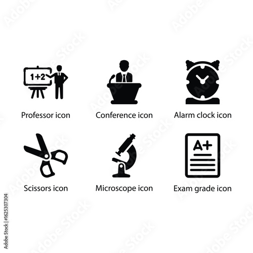 Professor, Conference, Alarm clock, Scissors, Microscope, Exam grade, icon