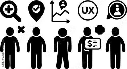 Collection of black and white user interface icons including people and symbols for ux design needs silhouette