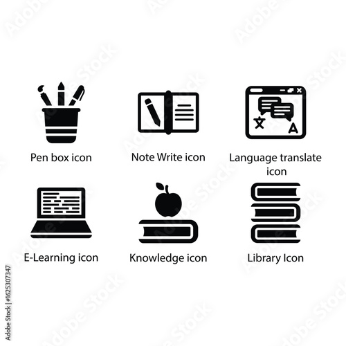 Pen box, Note Write, Language translate, E-Learning, Knowledge, Library, icon