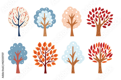 Variety of trees: A collection of meticulously crafted illustrations showcases a diverse range of trees. With stylized representation, vibrant leaves, these artworks evoke the changing seasons.