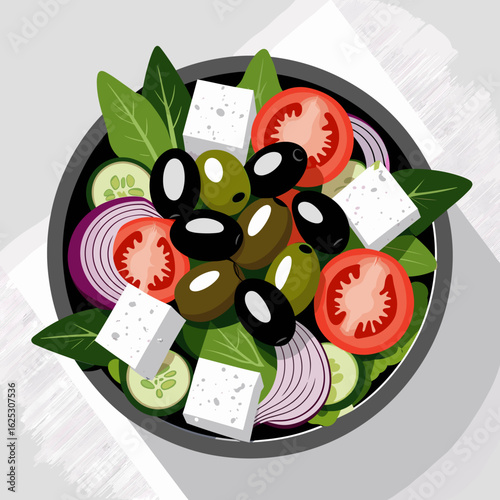 Colorful salad bowl with vegetables and feta cheese from top view  