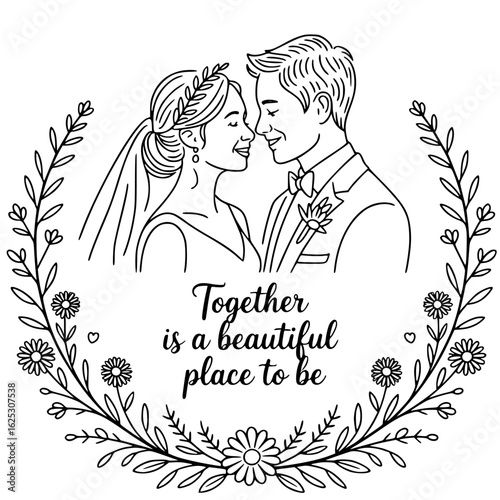 Wedding Bliss: An elegant black and white illustration depicts a radiant couple sharing an intimate moment, framed by a delicate floral wreath, celebrating their love.