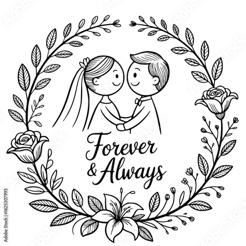 Love's Everlasting Vow: A tender illustration of a couple's eternal commitment, enclosed within a delicate wreath of floral and foliage elements, symbolizing the timeless bond of Forever & Always.