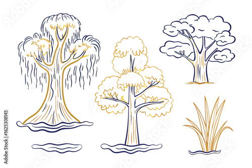 Nature's Blueprint: Hand-drawn tree illustrations create a captivating scene, highlighting intricate details and textures and evokes the beauty and essence of the natural world.