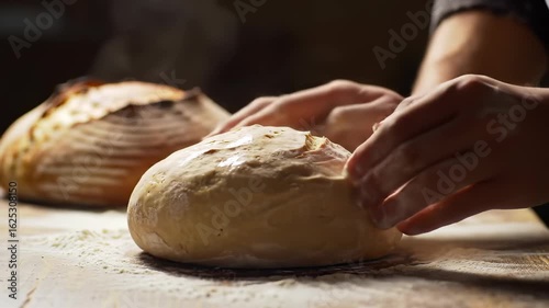 Artisan baker hands shaping sourdough bread dough on a floured wooden surface