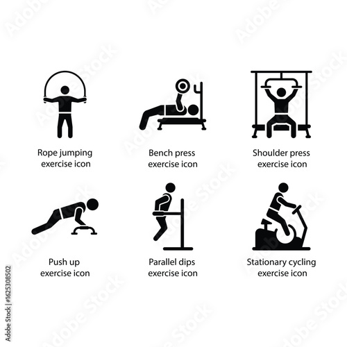 jumping exercise, Bench press, Shoulder press, Push up, Parallel dips, Stationary cycling, icon