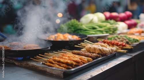 Wallpaper Mural street food vendor stall in Bangkok, with a variety of grilled skewers Torontodigital.ca