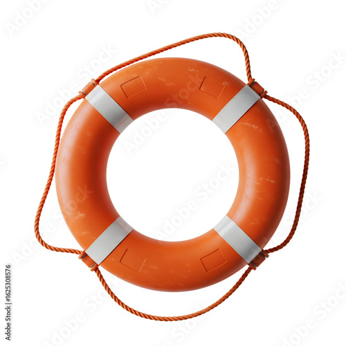 A bright orange life preserver ring with white stripes and a rope attached sits isolated on a black background ready for rescue