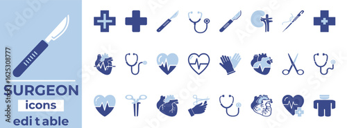 Clean line art surgeon vector icon set ideal for medical, healthcare, hospital and surgery design use