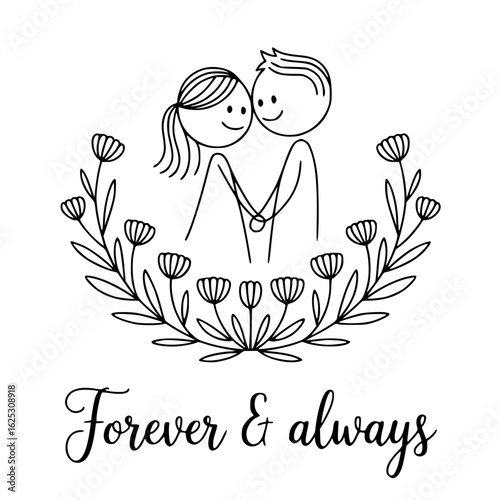 Eternal Bond: A delicate illustration captures the essence of everlasting love, depicting a tender couple embracing within a floral wreath.