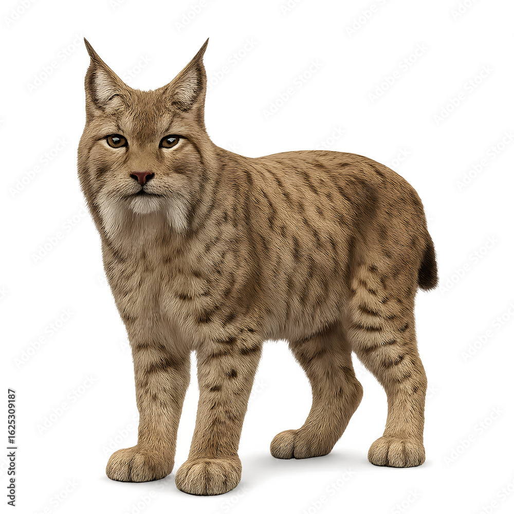 Obraz premium Standing Eurasian Lynx with Striped Pattern and Pointed Ears, Front View