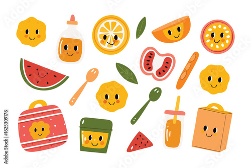 Cheerful Culinary Collection: An eye-level illustration showcases a vibrant assortment of animated food items with endearing expressions and smiles. Includes fresh ingredients and meal components