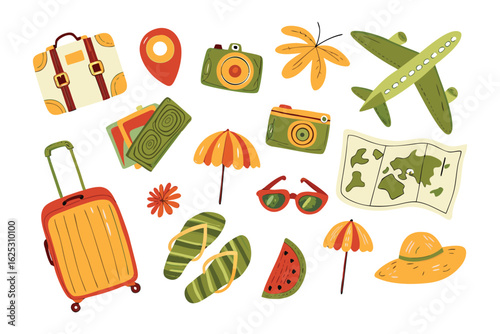 Travel Essentials Illustration: An engaging illustration showcasing essential travel elements, designed to evoke the spirit of wanderlust. Featuring luggage, a map, a camera, and other must-haves.