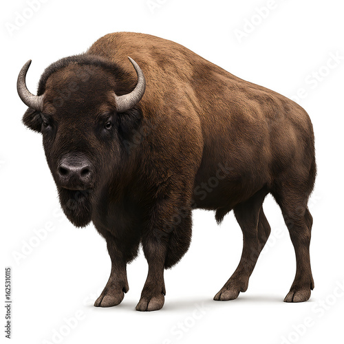 Majestic American Bison with Thick Fur and Curved Horns Standing Tall