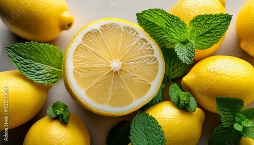 a close up of fresh lemons and mint leaves on a neutral background
