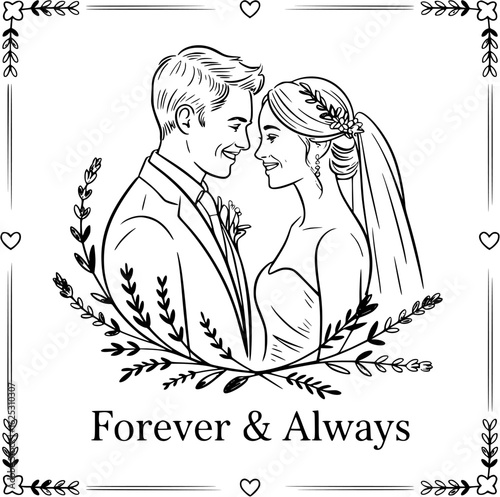 Eternal Vows: A tender monochrome illustration captures the intimate moment of a wedding ceremony, with the couple gazing at each other amidst a floral embrace, evoking everlasting love.