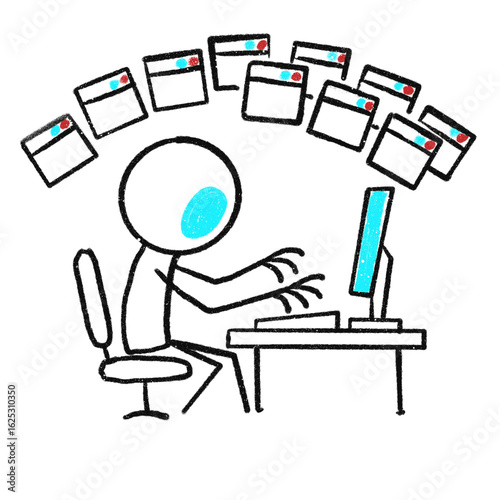 Minimalist stick figure opens dozens of browser tabs while working at a computer. A humorous black-and-white drawing with red and blue accents showing digital multitasking overload.