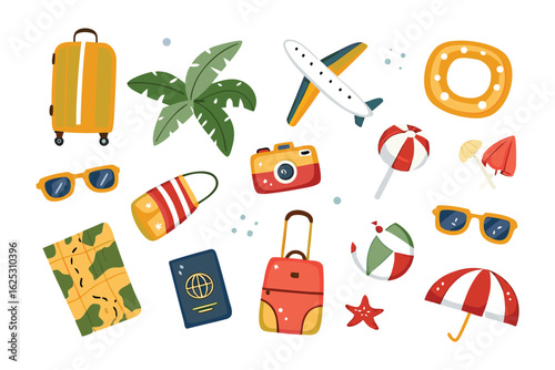 Travel Essentials Collection: A vibrant assortment of travel essentials, from luggage and passport to a map, plane, camera, sunglasses, and beach accessories, is ready for wanderlust and adventure. 